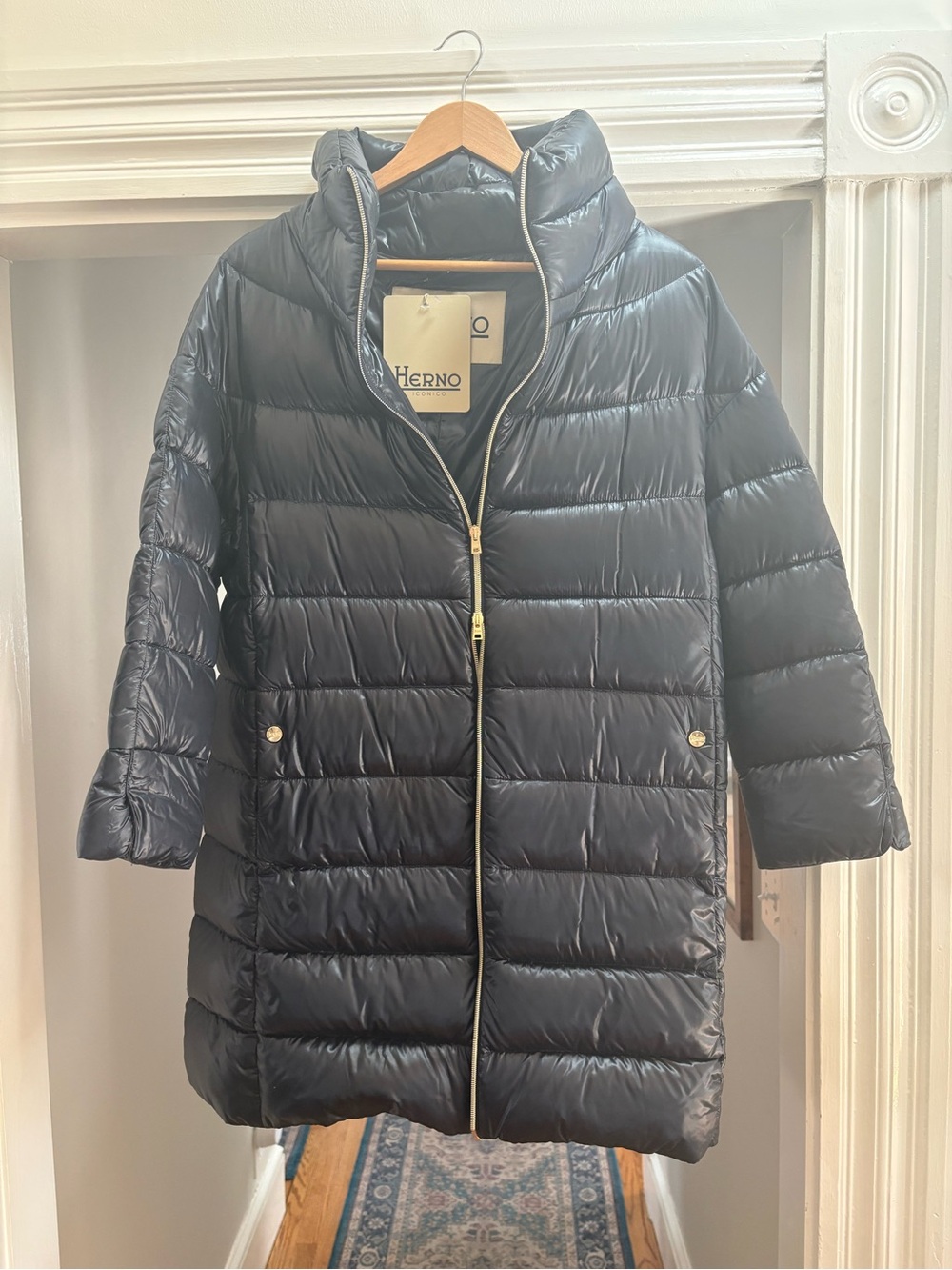 Herno Women's Navy Shiny Quilted Long Puffer Coat